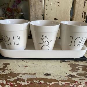 Rae Dunn Artisan Collection by Magenta No 189 Pots - Holly Jolly & Snowman Tray